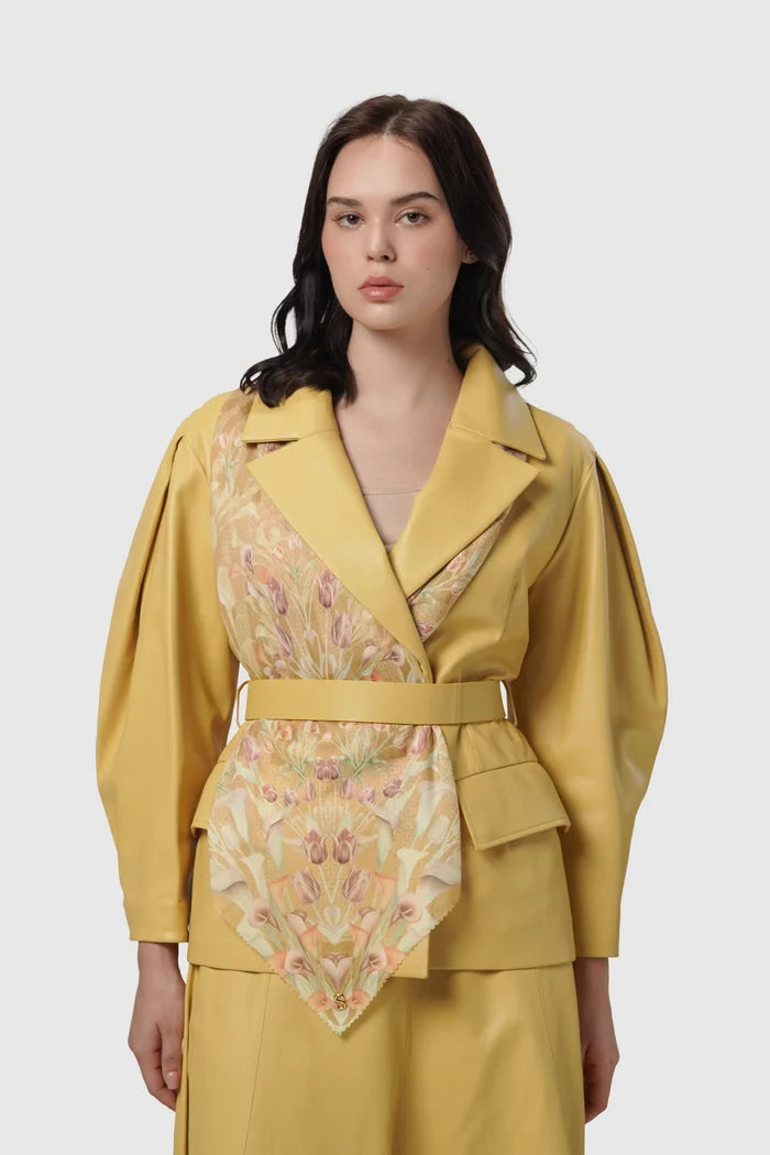 tulip printed square scarf in honey by buttonscarves style look