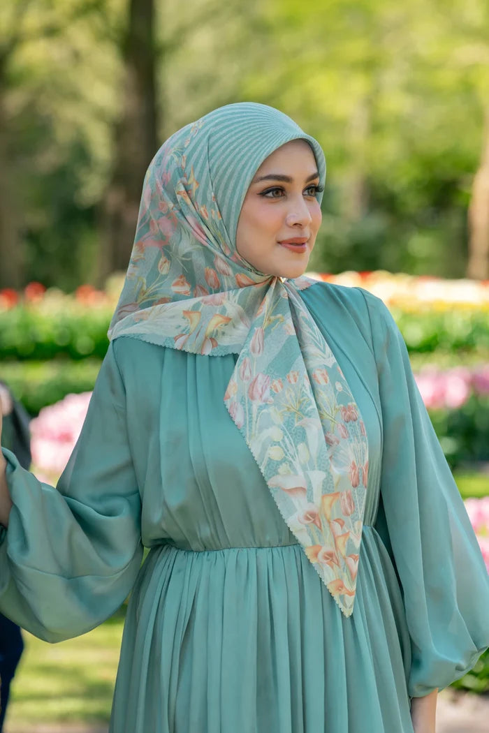 tulip printed square scarf in jade by buttonscarves style look