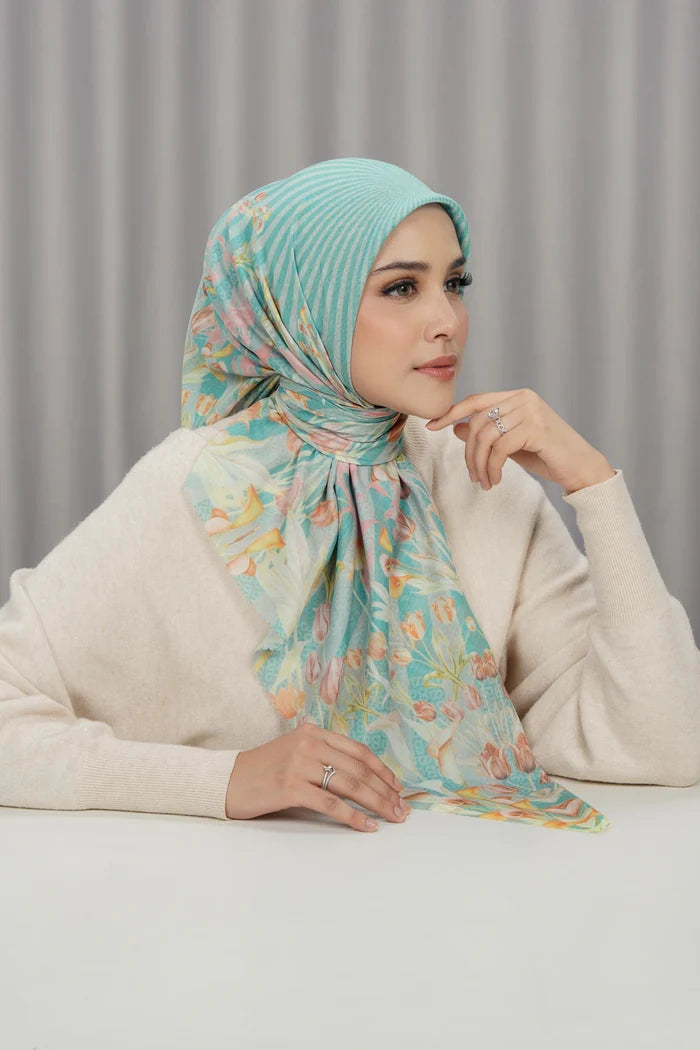 tulip printed square scarf in jade by buttonscarves front view