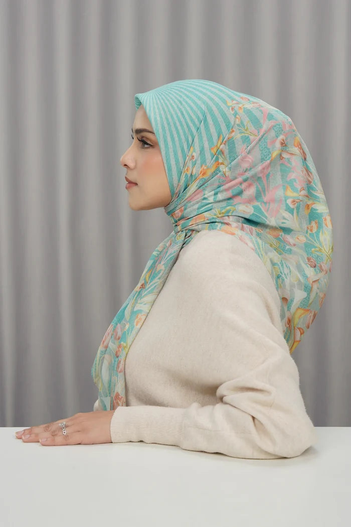 tulip printed square scarf in jade by buttonscarves side view