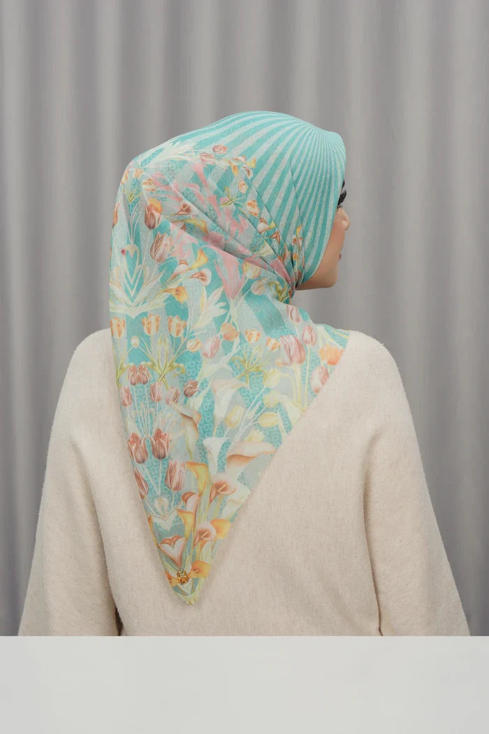 tulip printed square scarf in jade by buttonscarves back view