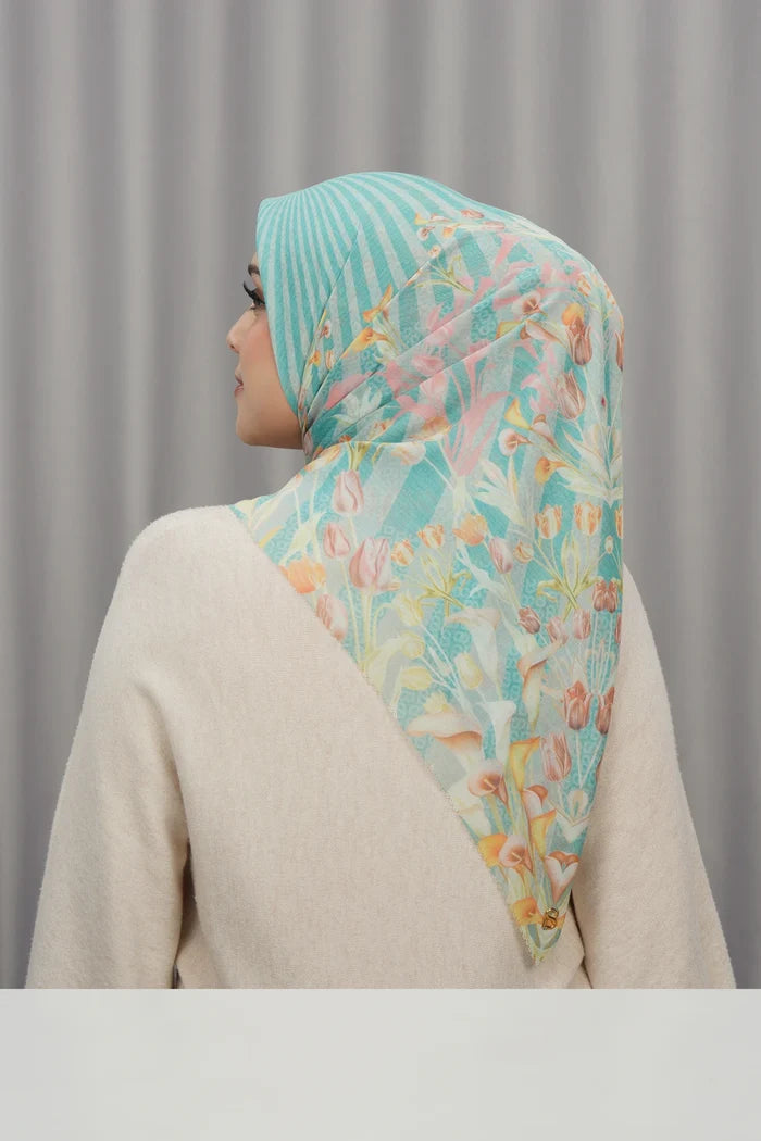 tulip printed square scarf in jade by buttonscarves back view