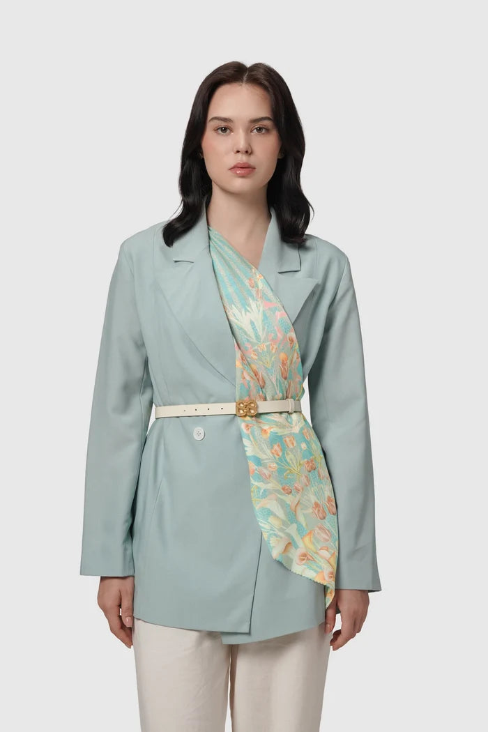 tulip printed square scarf in jade by buttonscarves style look