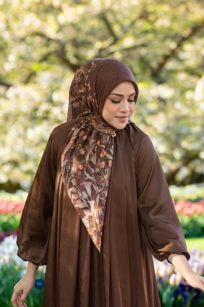 tulip printed square scarf in mahogany by buttonscarves style look