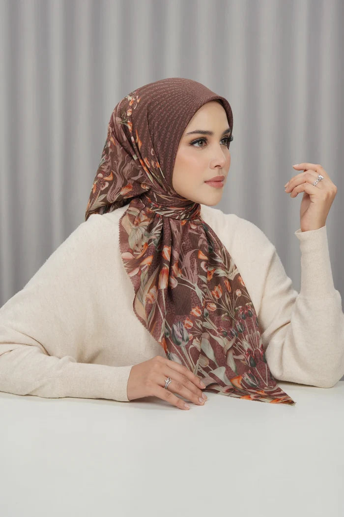 tulip printed square scarf in mahogany by buttonscarves front view
