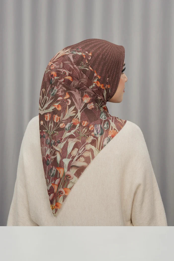 tulip printed square scarf in mahogany by buttonscarves back view