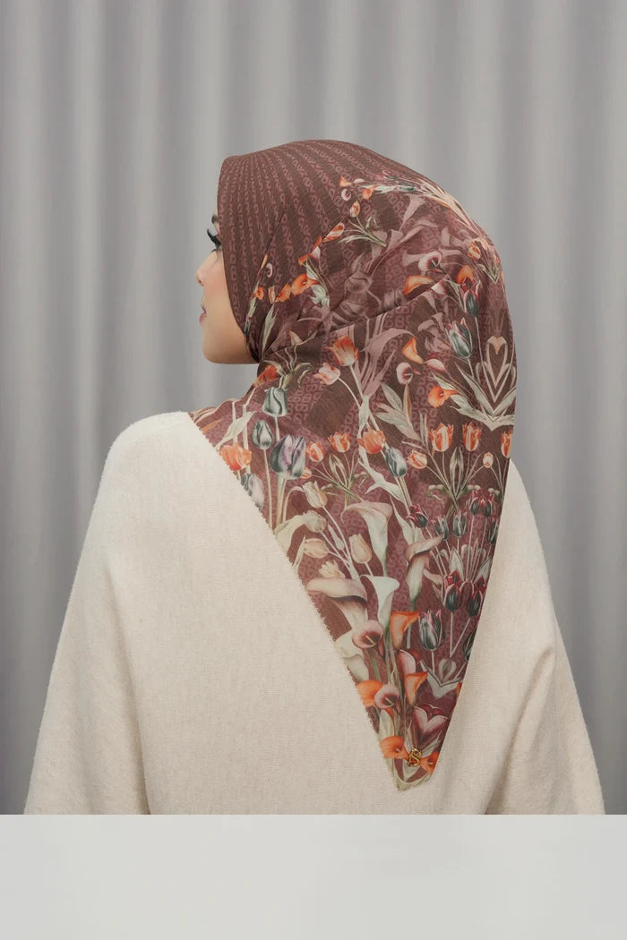 tulip printed square scarf in mahogany by buttonscarves back view