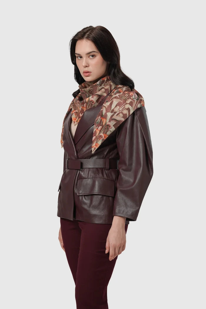 tulip printed square scarf in mahogany by buttonscarves style look