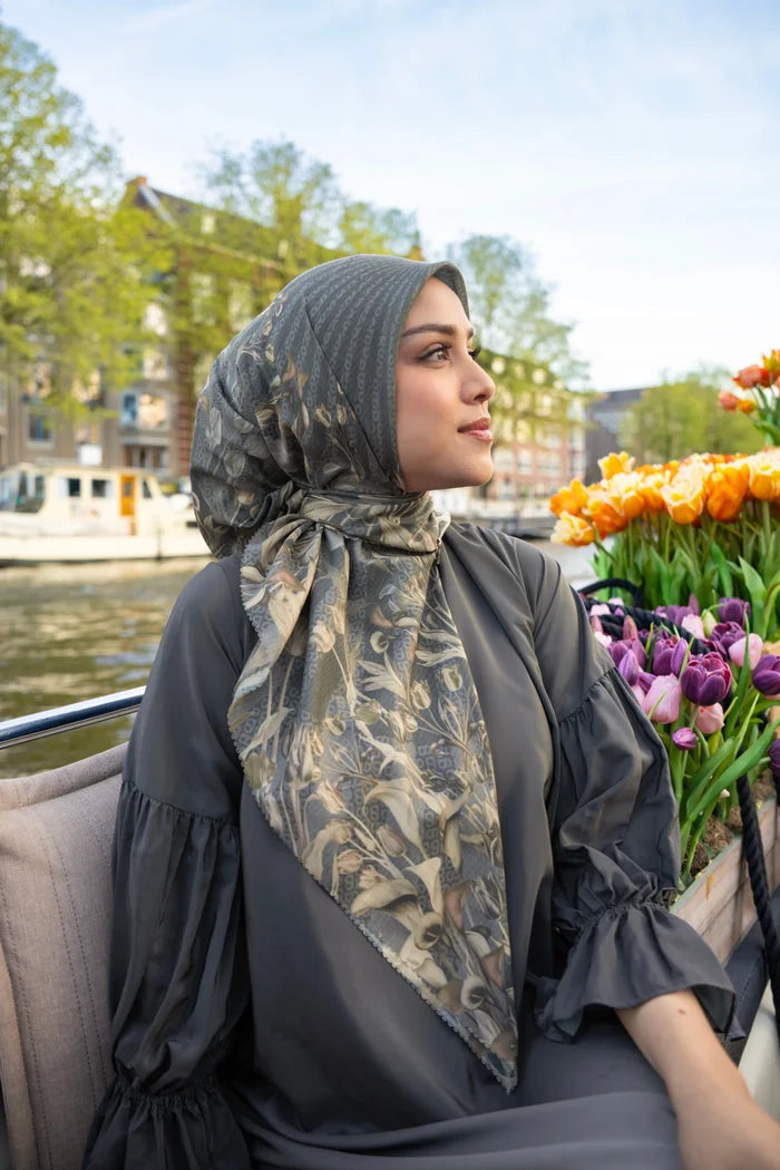 tulip printed square scarf in moon by buttonscarves style look