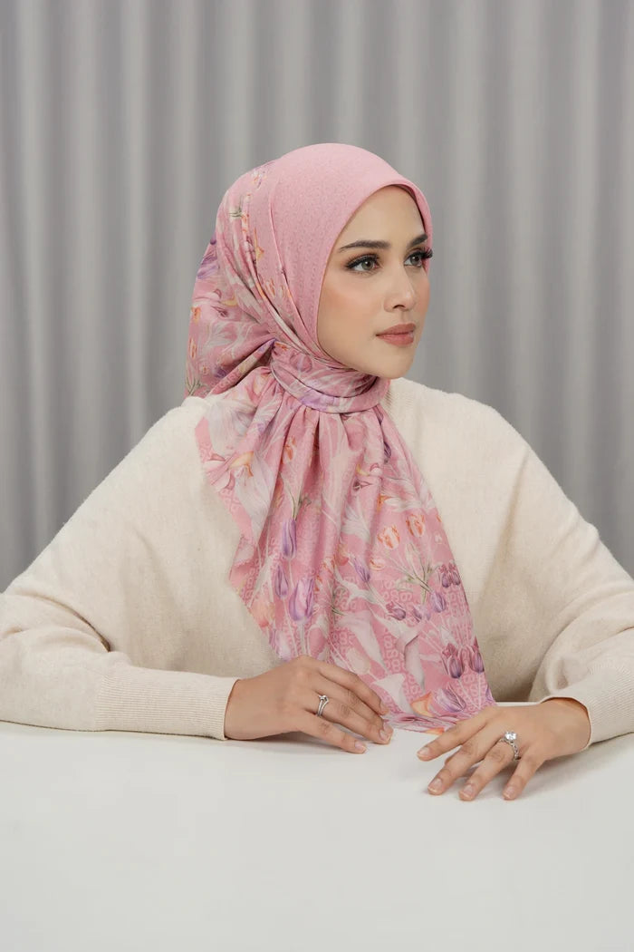 tulip printed square scarf in morganite by buttonscarves front view