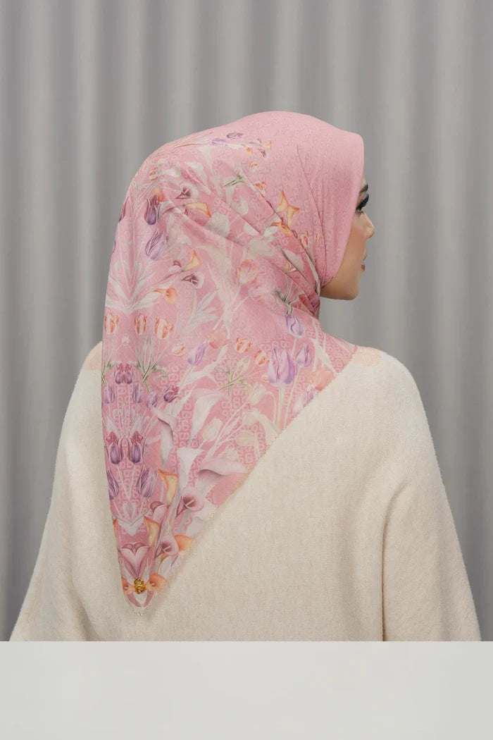 tulip printed square scarf in morganite by buttonscarves back view
