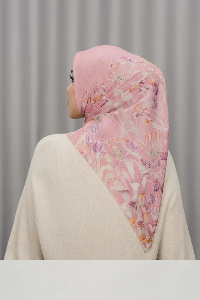 tulip printed square scarf in morganite by buttonscarves back view