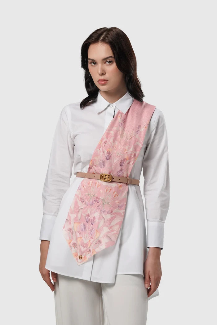 tulip printed square scarf in morganite by buttonscarves style look