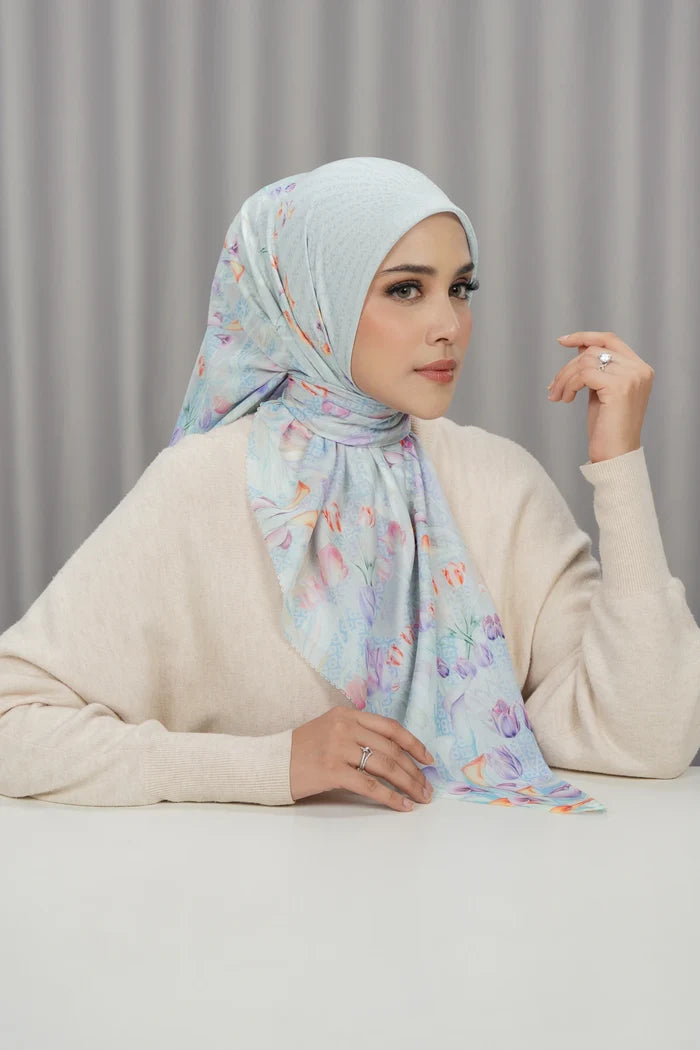 tulip printed square scarf in pearl by buttonscarves front view