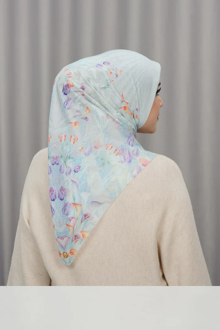tulip printed square scarf in pearl by buttonscarves back view