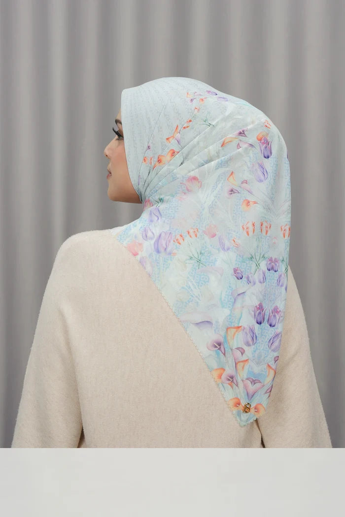 tulip printed square scarf in pearl by buttonscarves back view