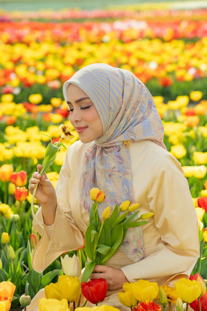 tulip printed square scarf in sunshine by buttonscarves style look