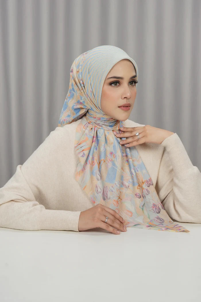 tulip printed square scarf in sunshine by buttonscarves front view