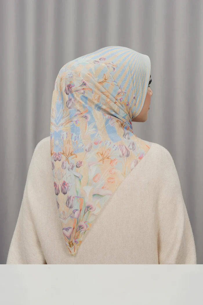tulip printed square scarf in sunshine by buttonscarves back view