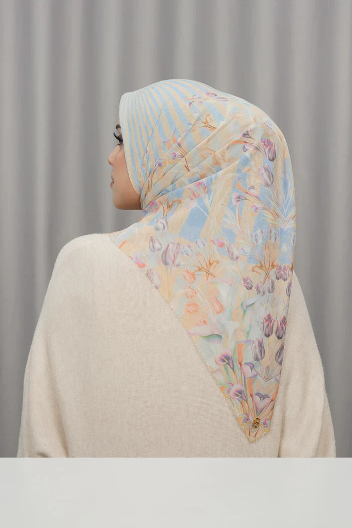 tulip printed square scarf in sunshine by buttonscarves back view