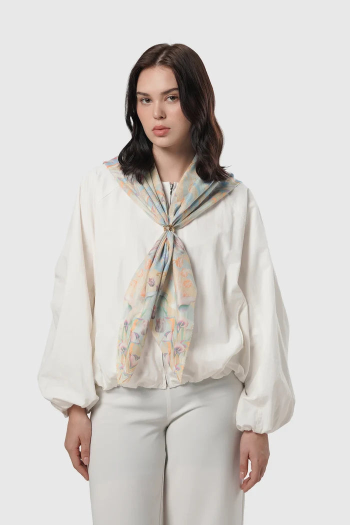 tulip printed square scarf in sunshine by buttonscarves style look