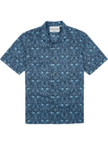 Blue and white mixed fishes-print short-sleeve cotton shirt, flat lay on white background.