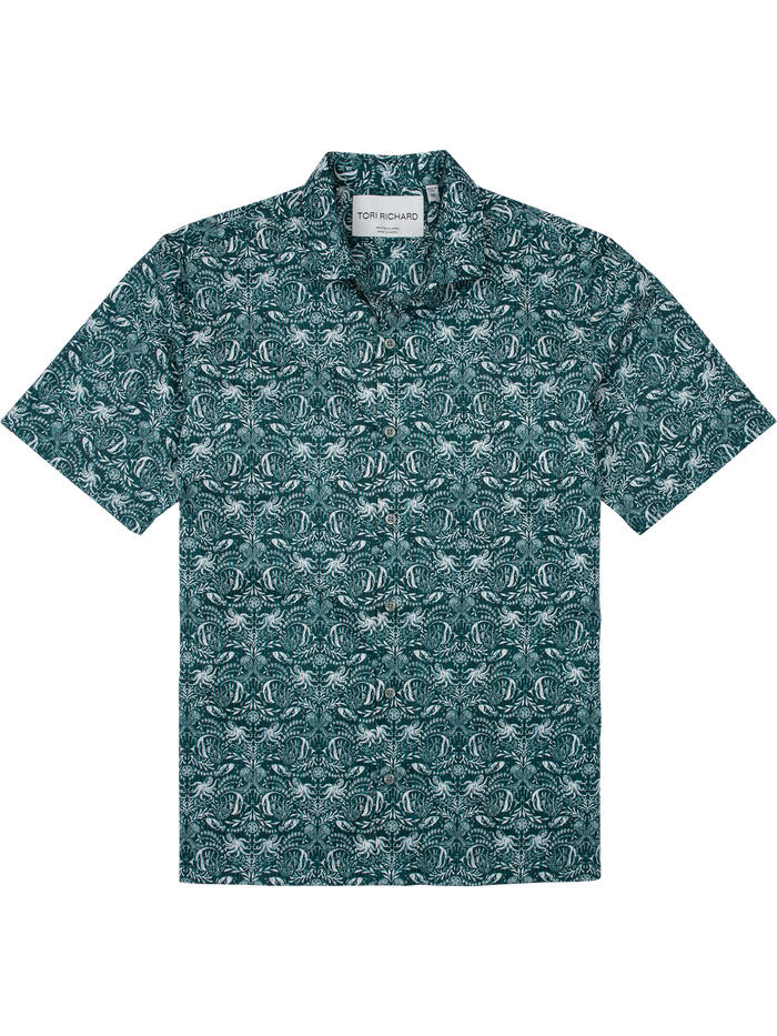 Damask green cotton lawn short-sleeve shirt with white leaf print, flat lay view.