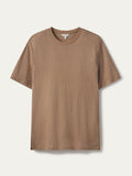 Brown short-sleeve linen t-shirt, front view with visible collar tag
