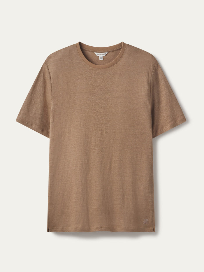Brown short-sleeve linen t-shirt, front view with visible collar tag