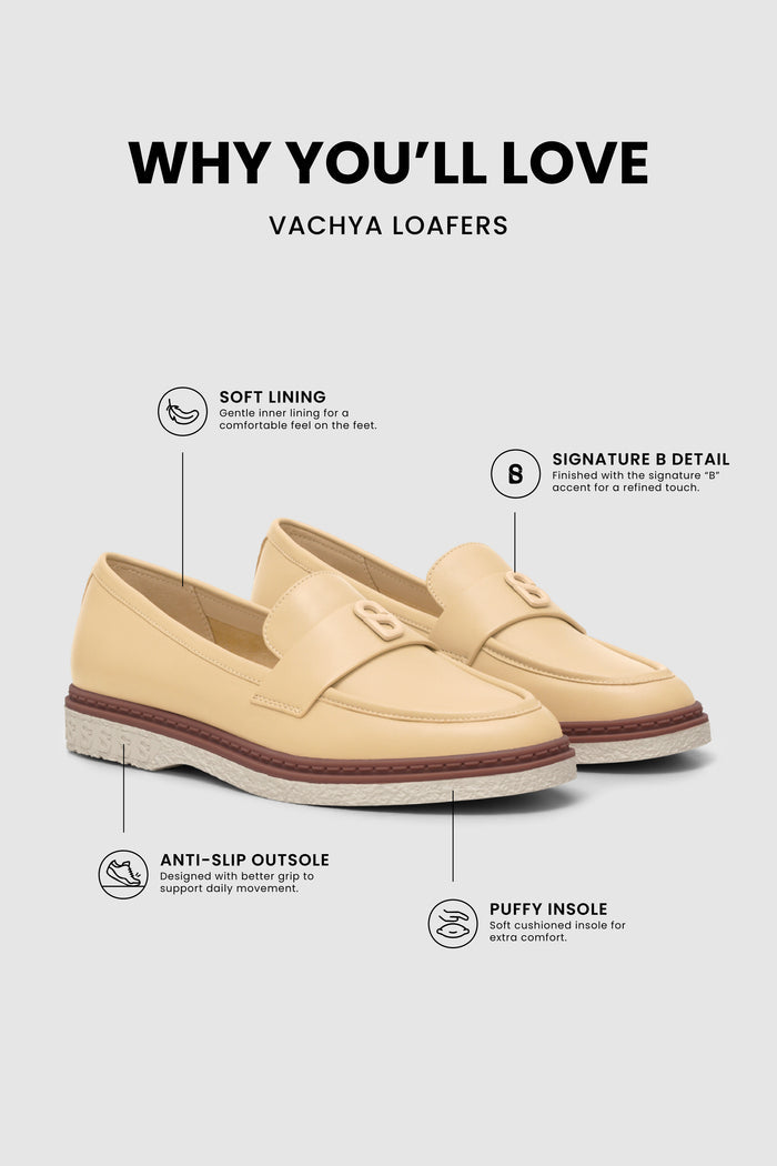 vachya loafers in butter yellow with soft lining puffy insole anti-slip outsole and signature b detail