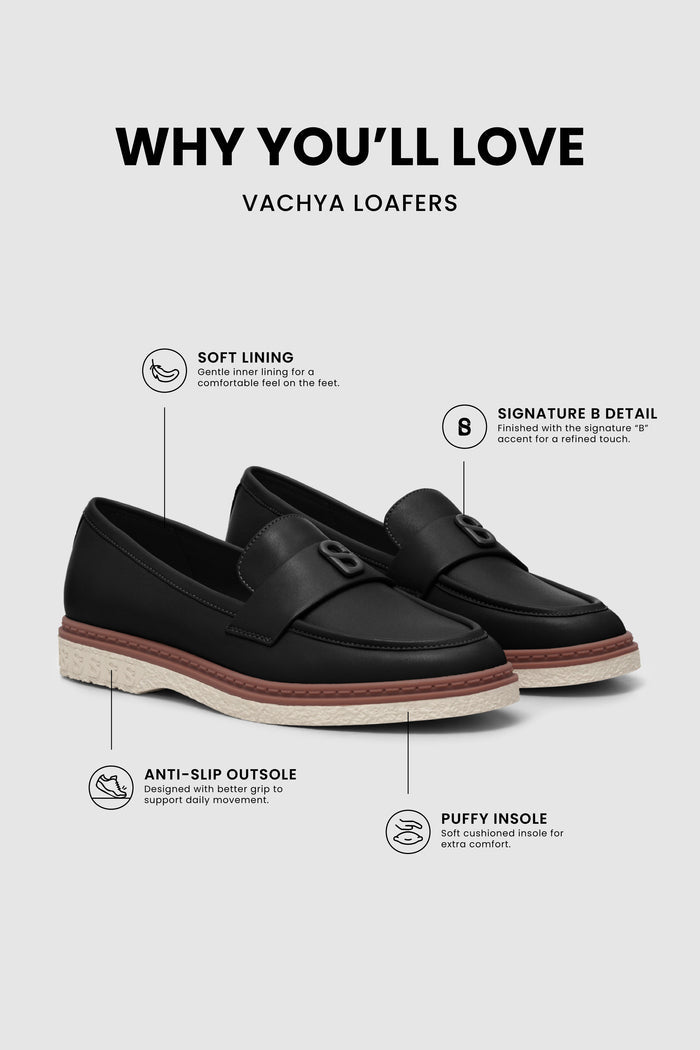 vachya loafers in ebony with soft lining puffy insole anti-slip outsole and signature b detail