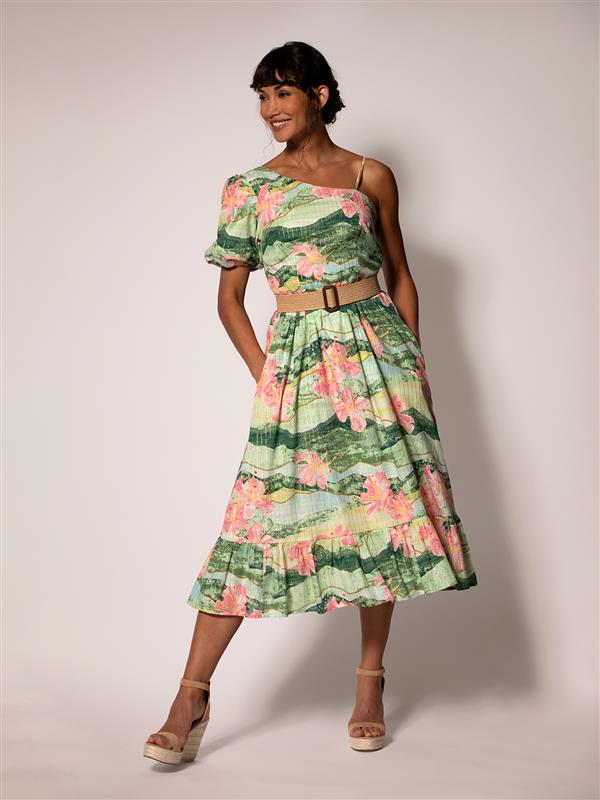 Green solid cotton voile dress with belt, full-length view.