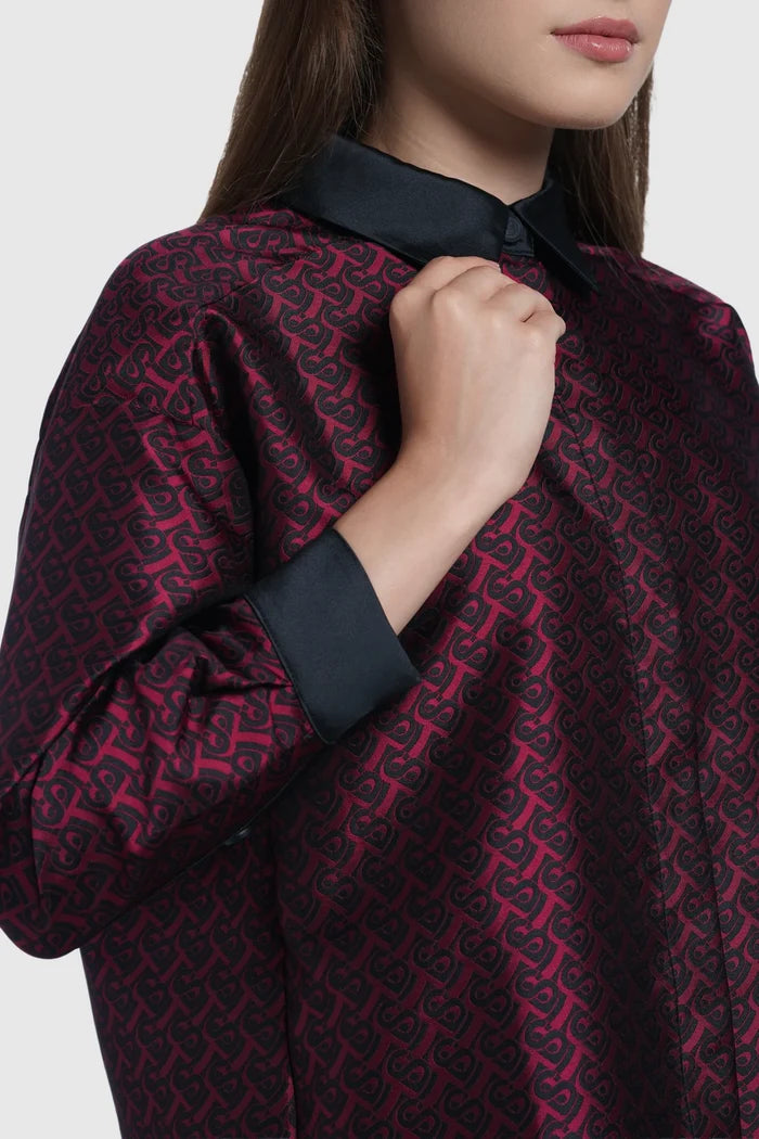 verena crop shirt in maroon by buttonscarves signature b monogram pattern detail