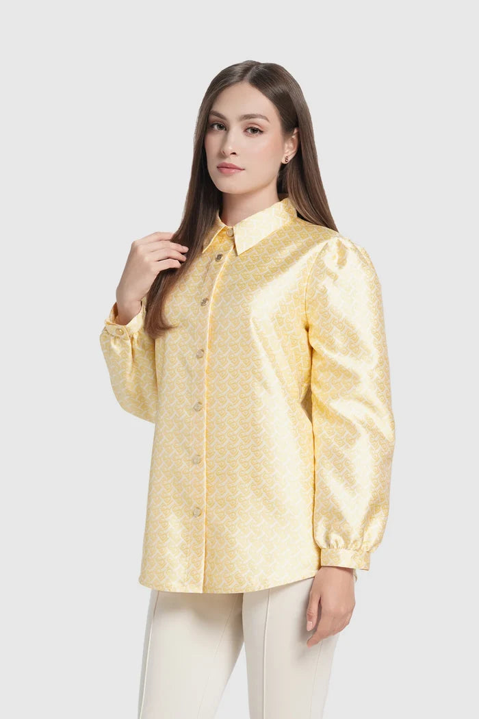 verena puff shirt in butter yellow by buttonscarves front view