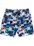Front and back views of multicolor tropical leaf and geometric-print swim trunks.