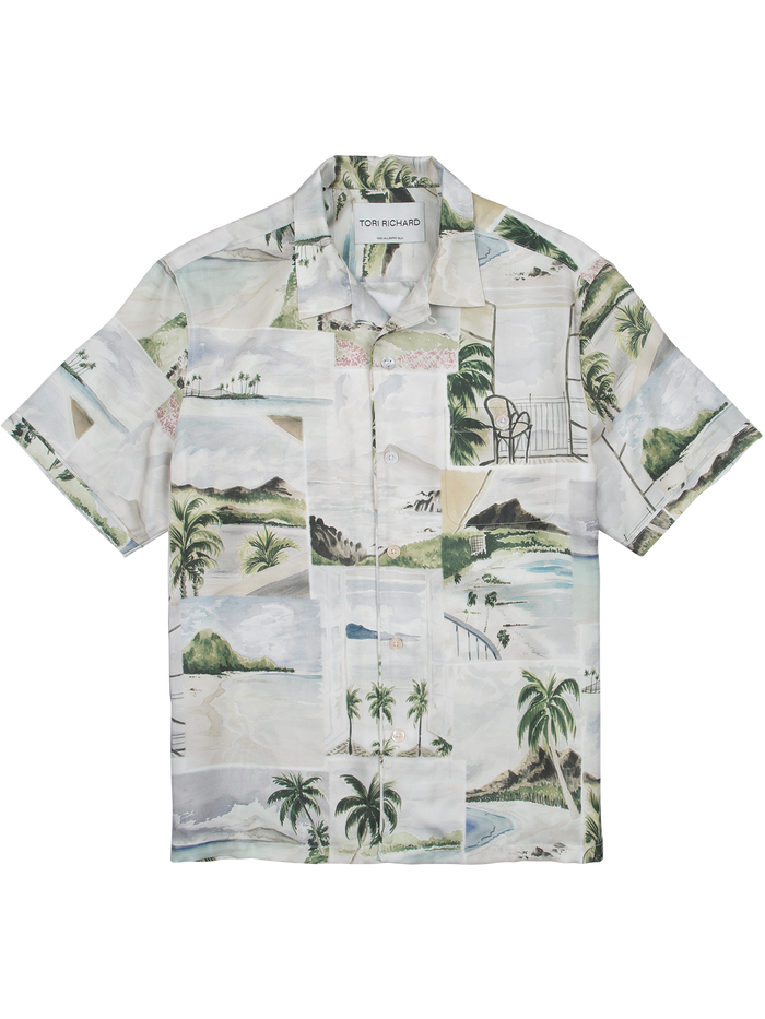 Front and back views of a purple tropical landscape print short-sleeve mulberry silk button-up shirt.