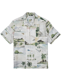 Front and back views of a purple tropical landscape print short-sleeve mulberry silk button-up shirt.