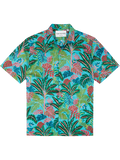 Light blue short-sleeve shirt with green Traveler’s Palm print, front view.