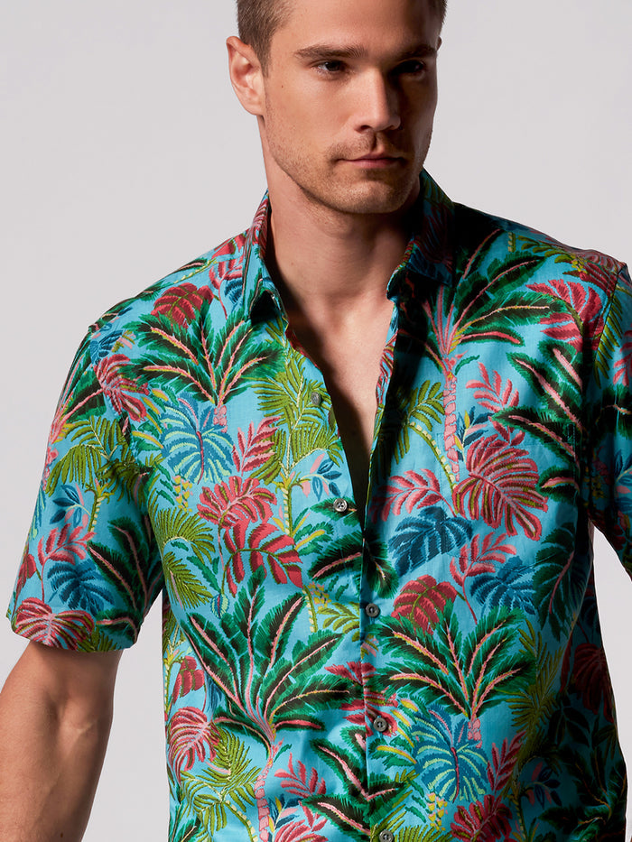 Multicolor Traveler’s Palm leaf-print cotton Voyager shirt, front view.