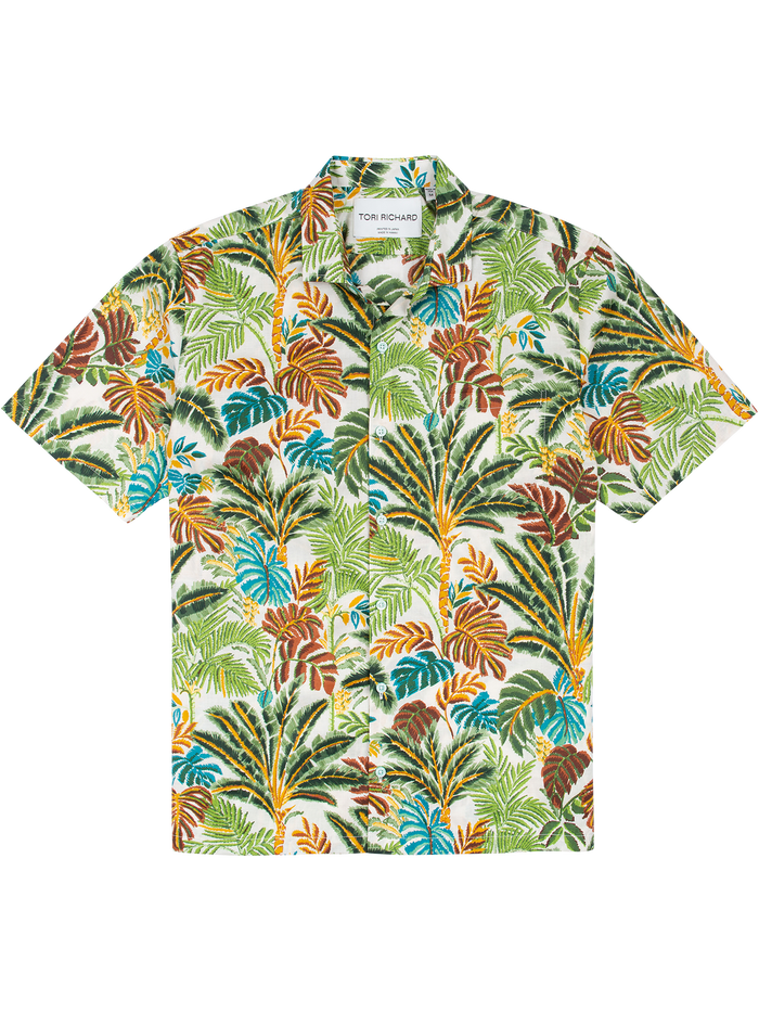 Multicolor Traveler’s Palm print cotton short-sleeve button-up shirt, front view.
