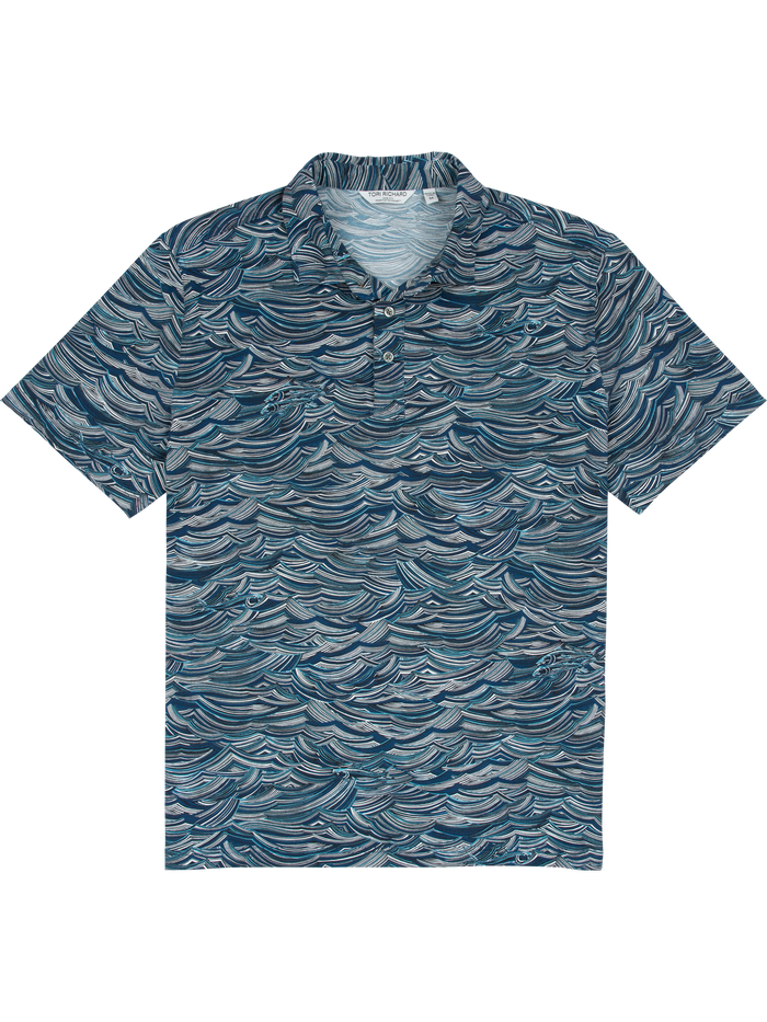 Blue ocean-pattern short-sleeve polo shirt, front view, features UPF sun protection.