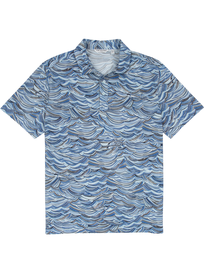 Blue and white wavy-pattern polo shirt, short sleeves, front view shown in both images.