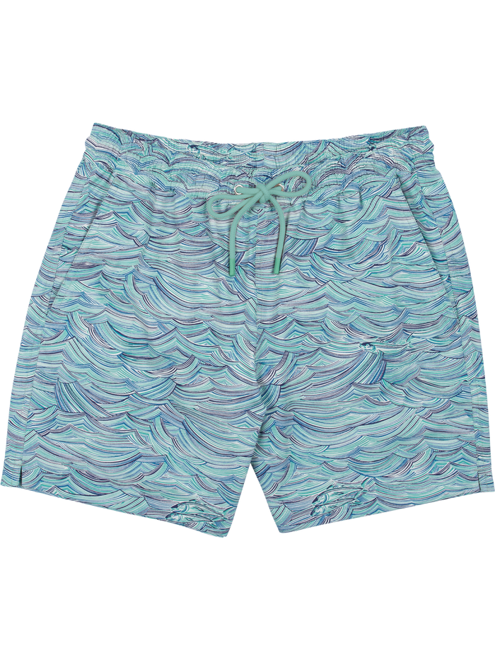 Teal and blue-purple wave-print swim trunks with green drawstring, front view shown in both images.