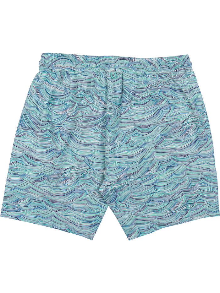 Blue-green wave print swim shorts with elastic waistband, shown front view on white background.