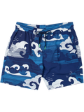 Blue swim trunks with white wave print, drawstring waist, and side pockets, front view.