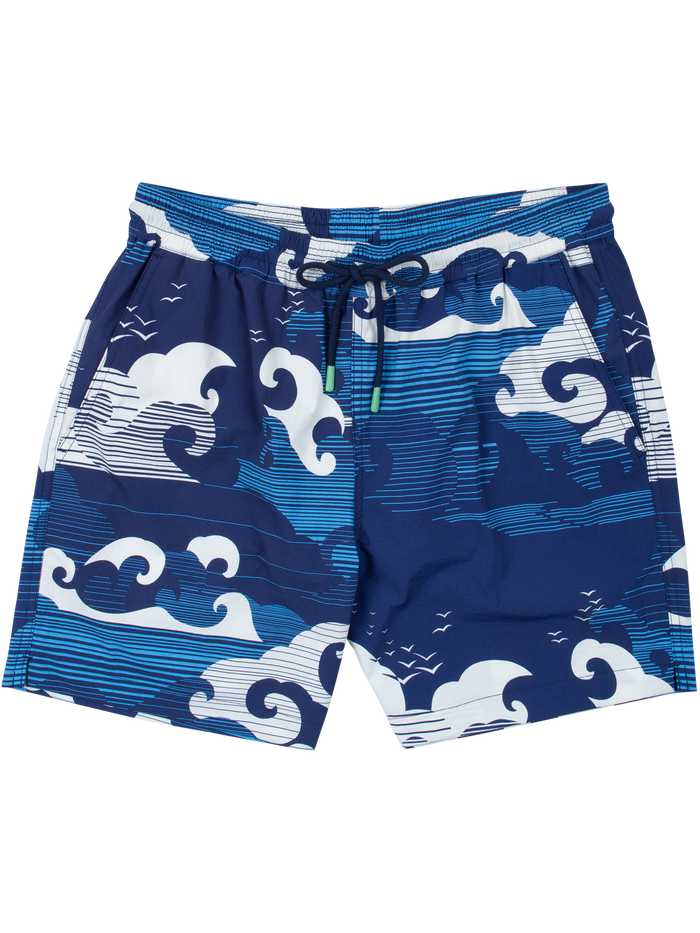 Blue swim trunks with white wave print, drawstring waist, and side pockets, front view.