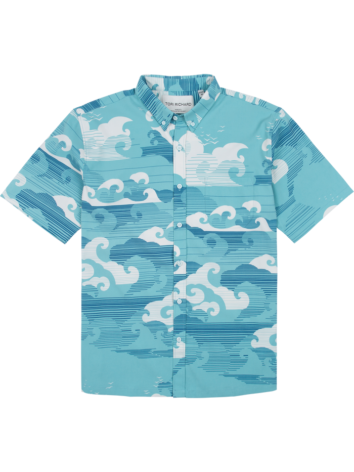 Blue wave-print short-sleeve shirt with front pocket detail, shown from the front.