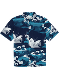 Blue, white, teal wave-print short-sleeve shirt with UPF sun protection, front view.