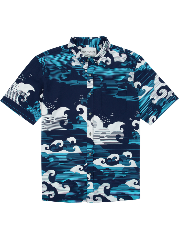 Blue, white, teal wave-print short-sleeve shirt with UPF sun protection, front view.