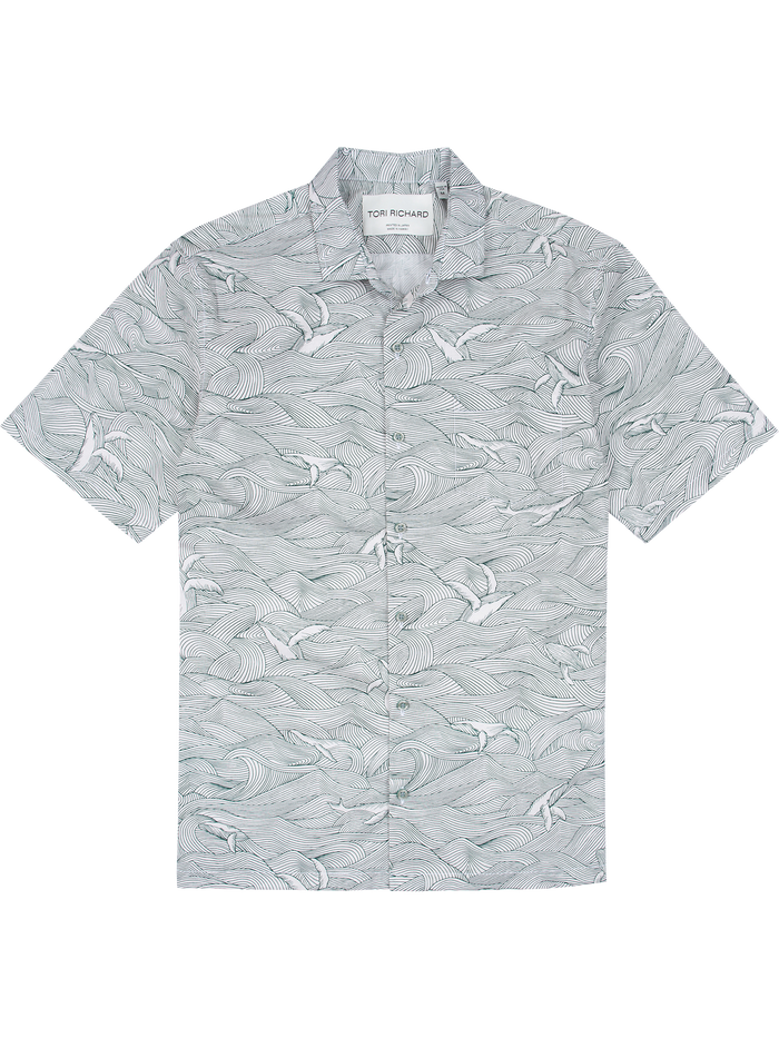 Light gray wave and bird print cotton shirt, Whale Season (Big), front view.